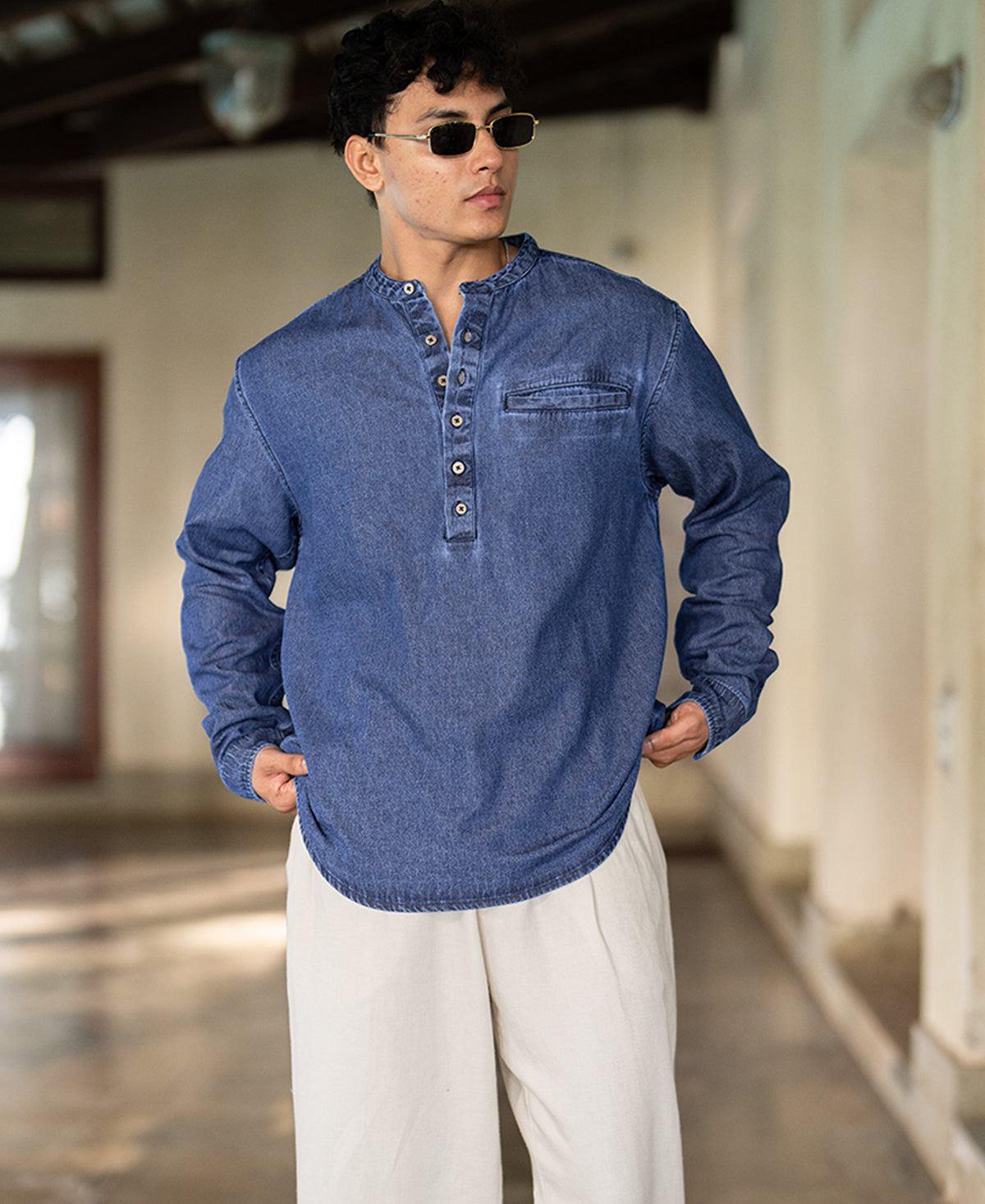 Blue Washed Denim Kurta Shirt