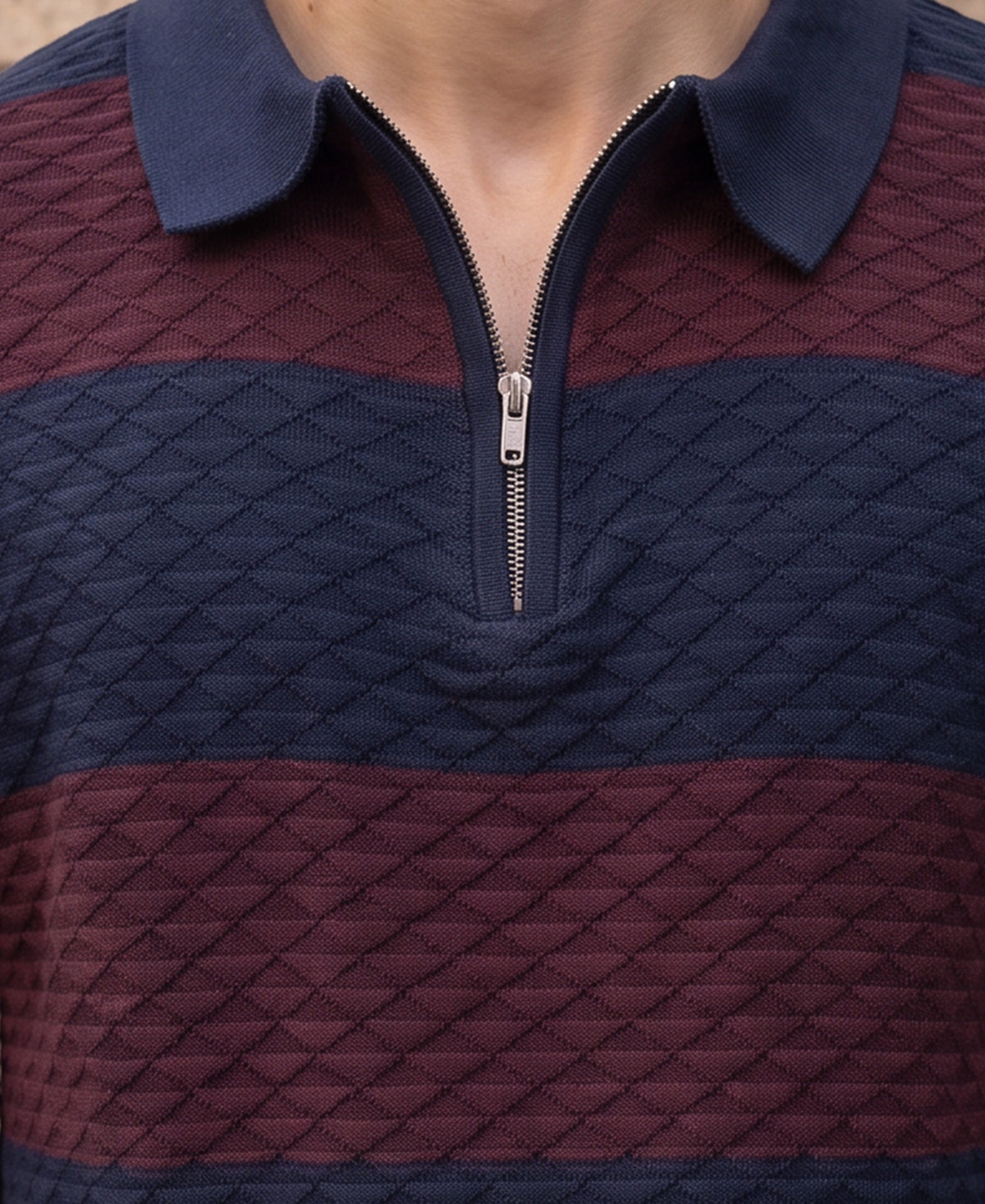 Wine & Navy Knitted Stripe T-Shirt 100% Cotton