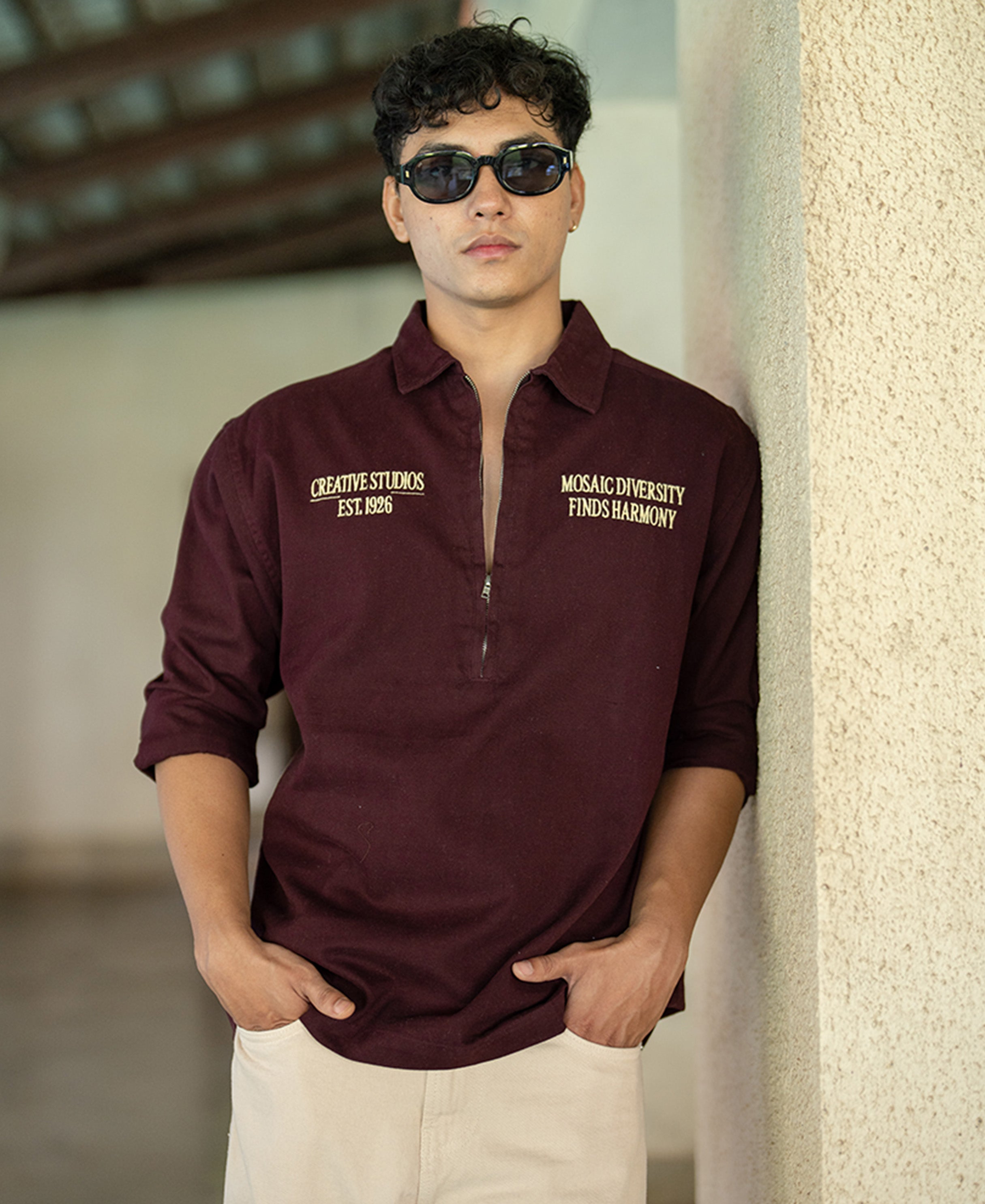 Wine Embroidered Zipper Shirt 100% Cotton