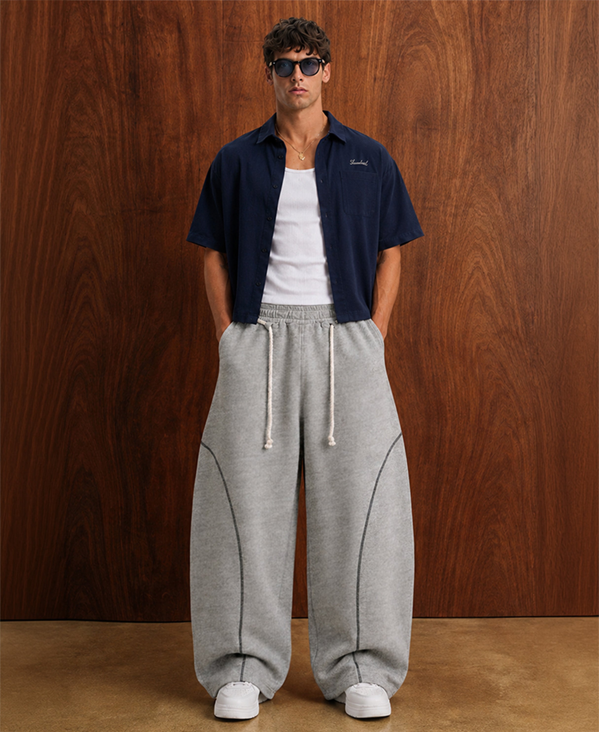 Grey Melange Paneled Baggy Trackpant