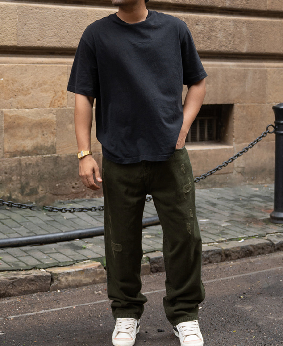 Olive Distress Baggy Jeans