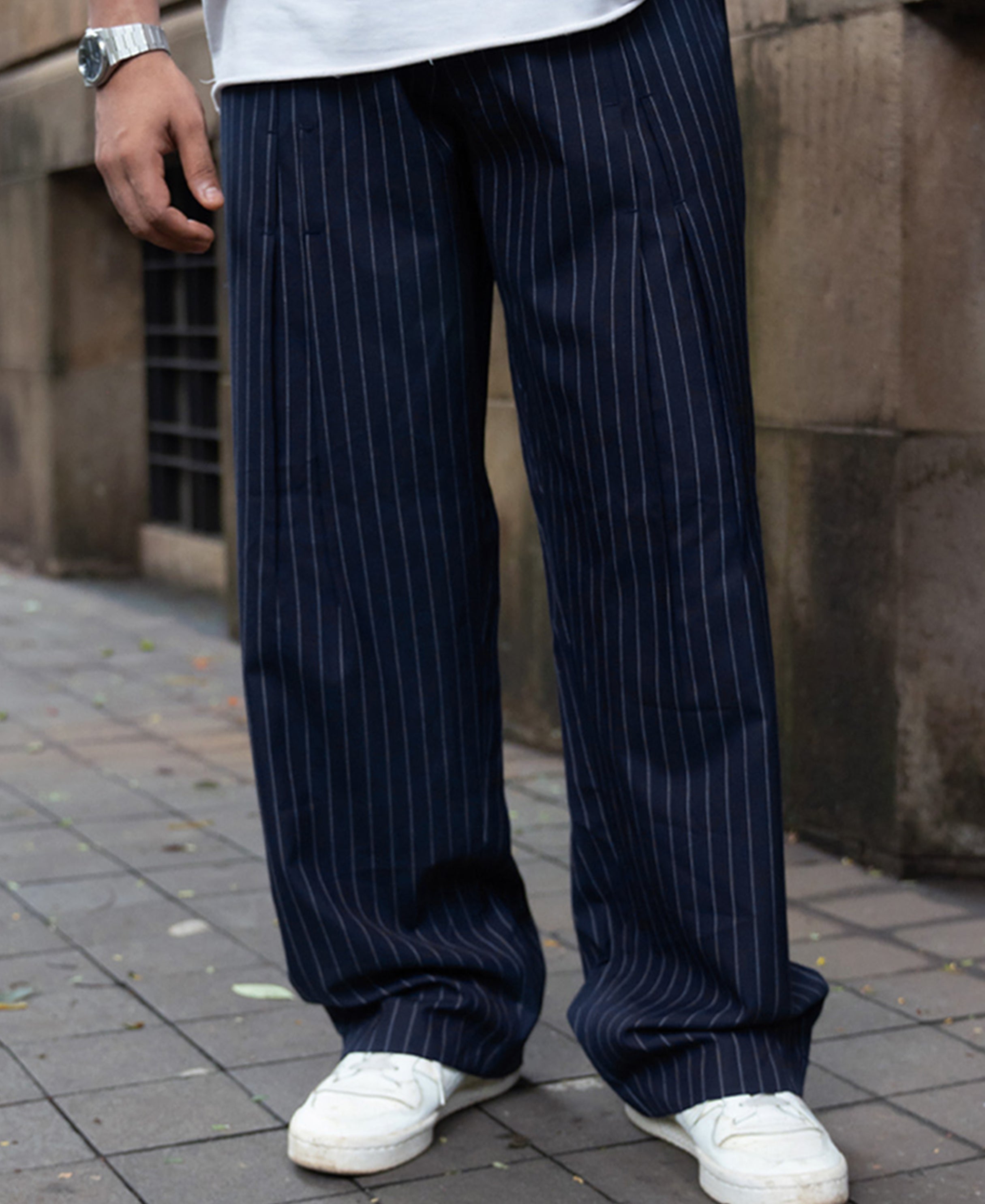 Navy Striped Pleated Trousers