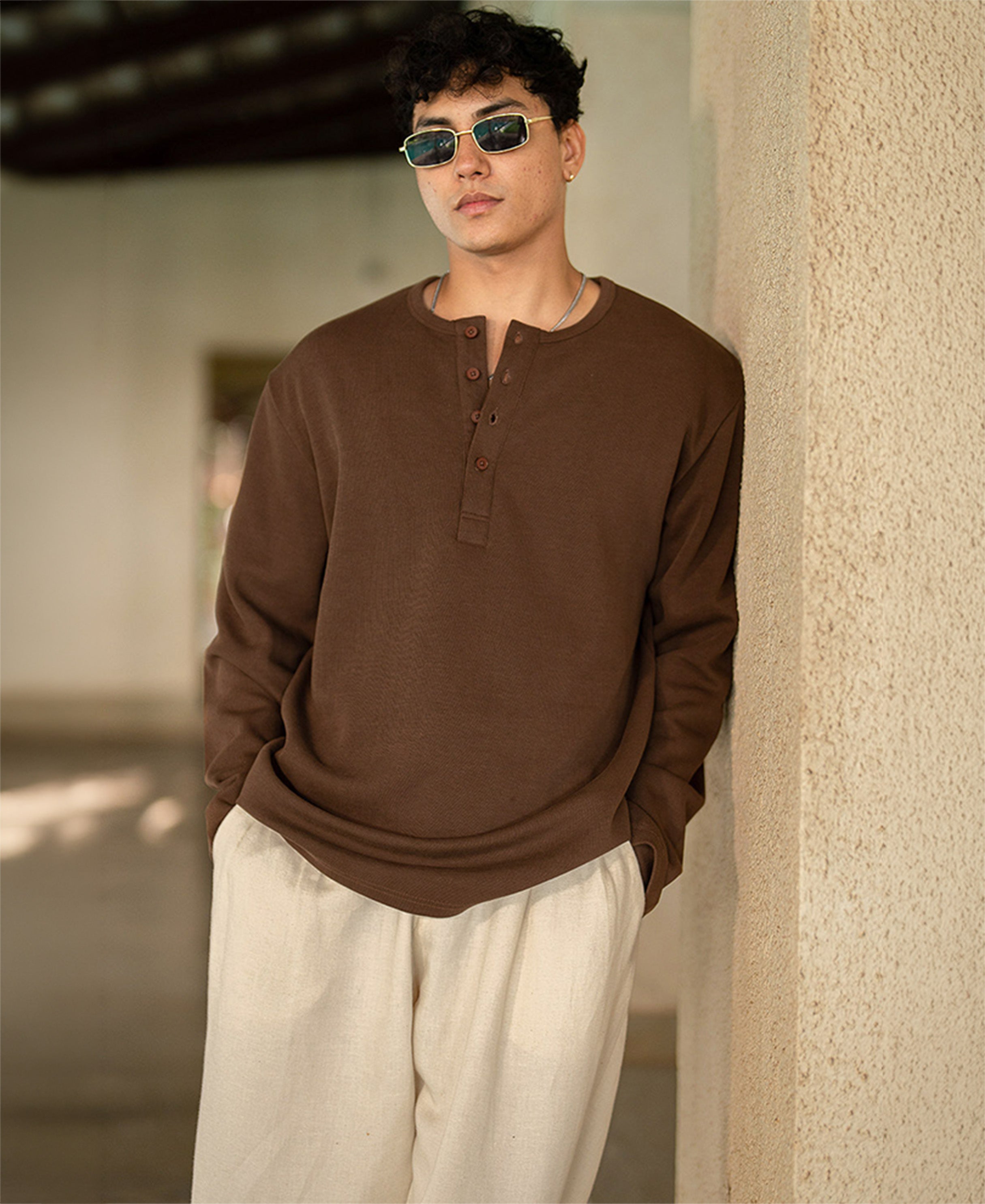 Brown Rib Knit Henley T-Shirt
