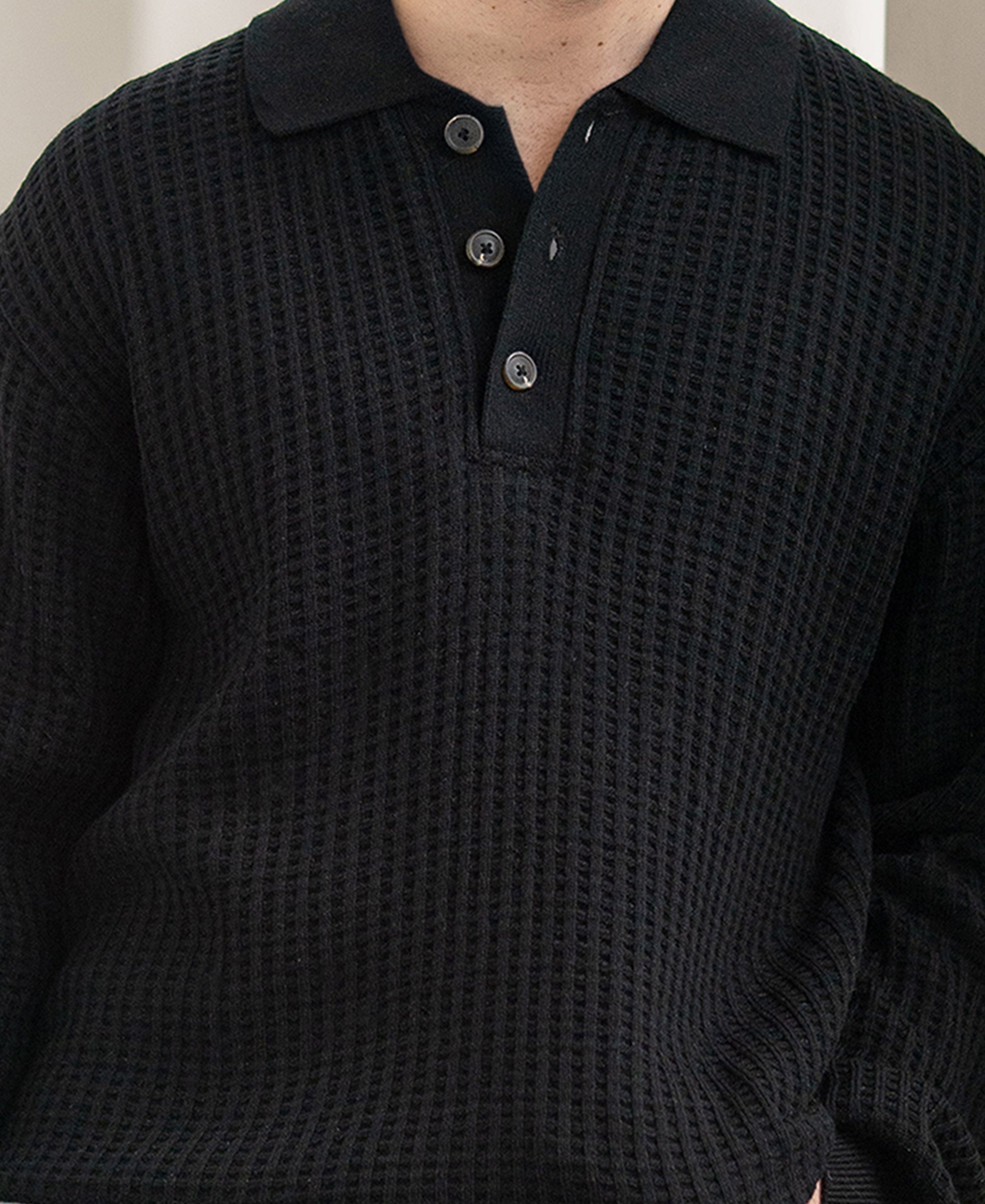 Black Structured Polo Neck Sweater