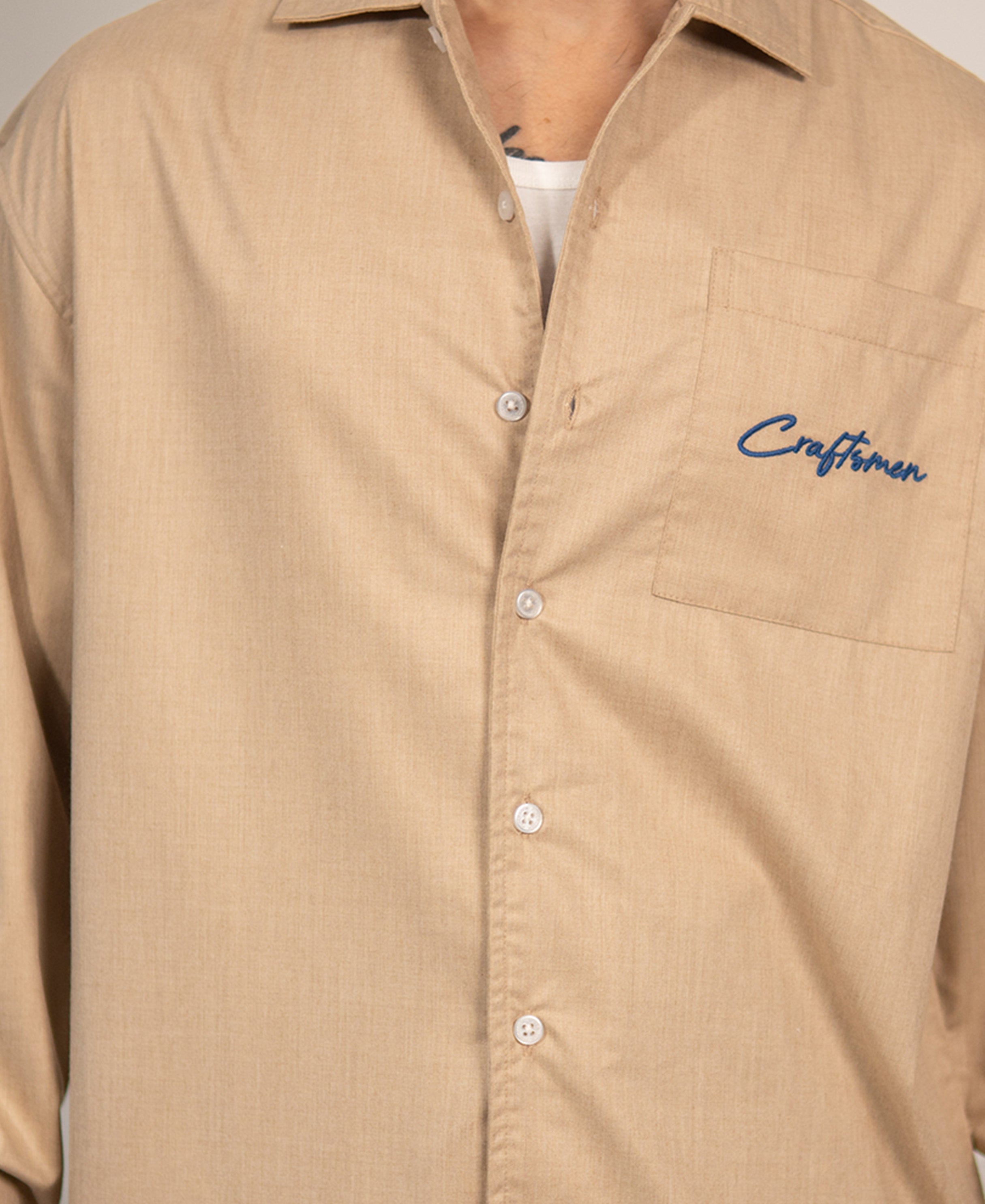 Beige Melange Embroidered Shirt 100% Cotton