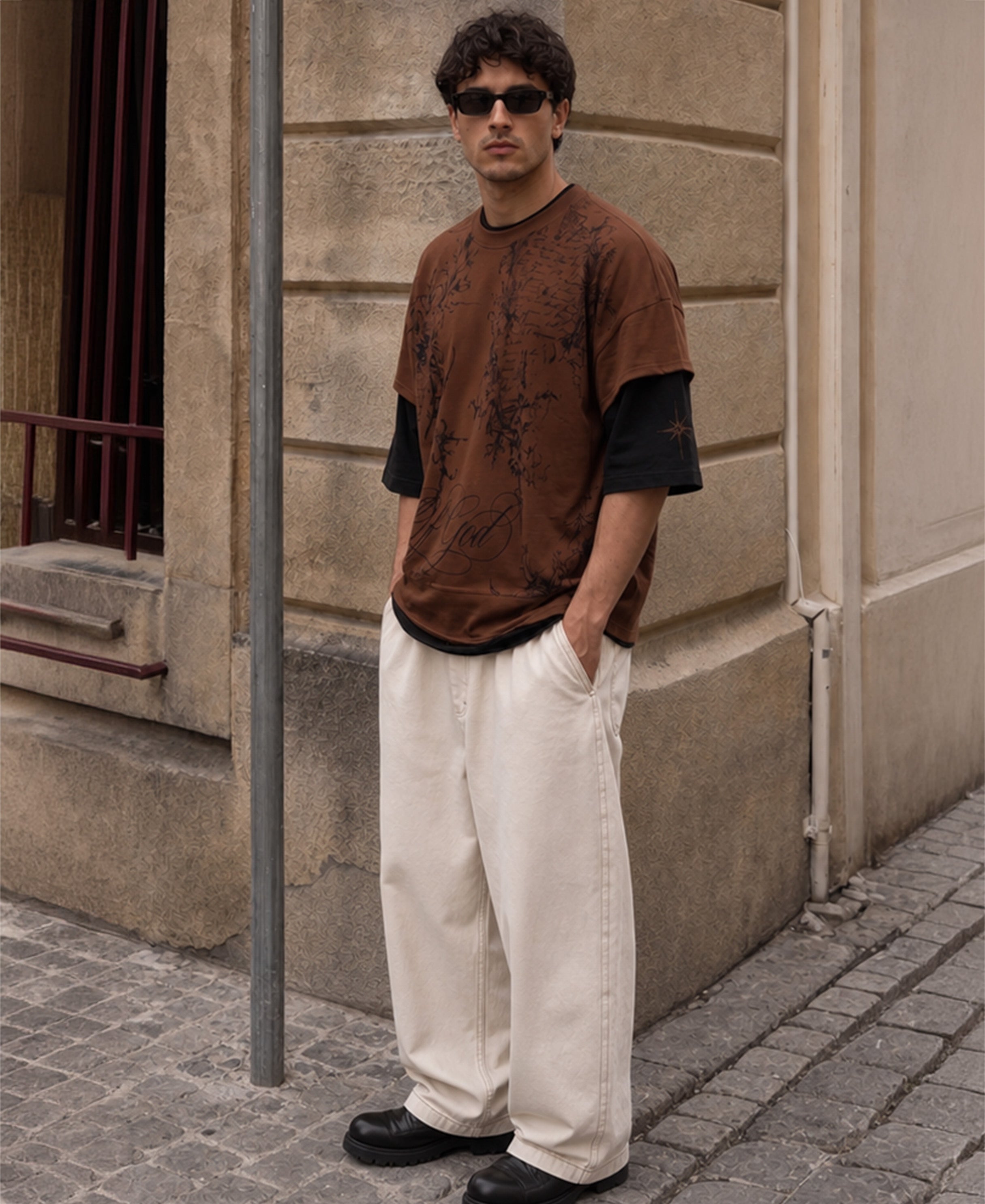 Brown Double Layered Printed T-Shirt 100% Cotton