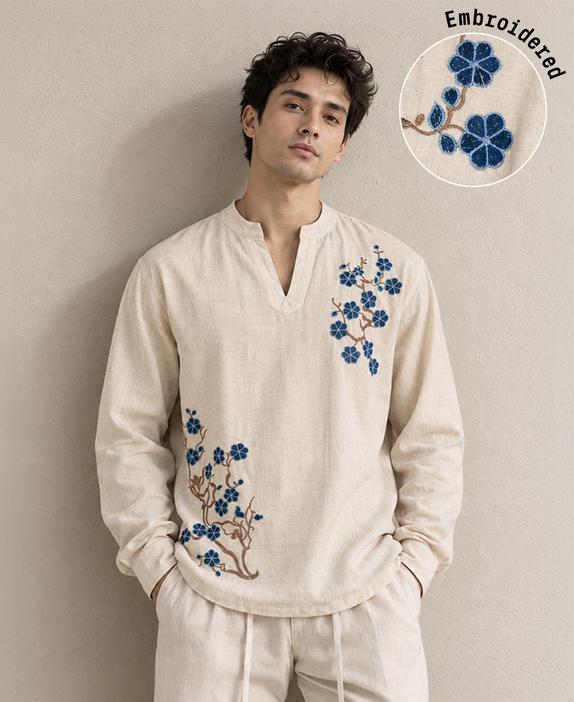 Natural Embroidered Striped Kurta Shirt