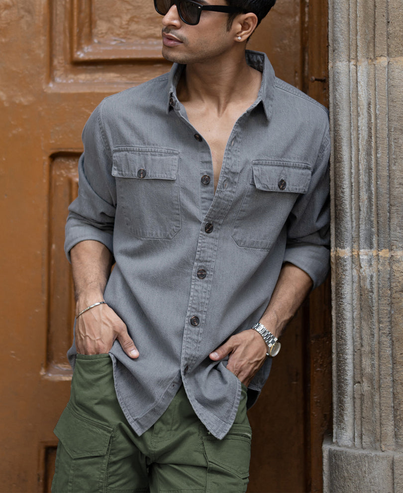 Mid Grey Washed Denim Shirt.