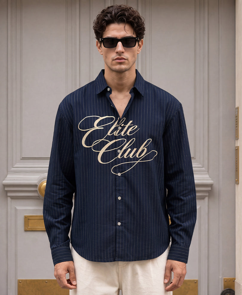 Navy Calligraphy Print Stripe Shirt 100% Cotton