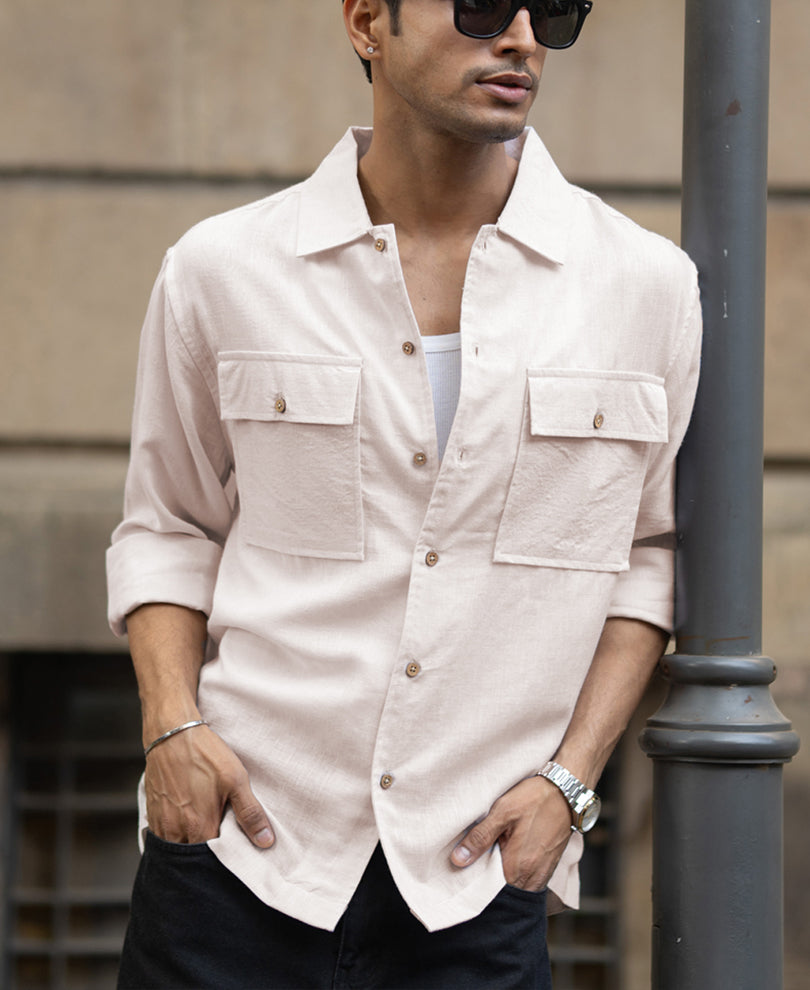 Cream Linen Double Pocket Shirt.
