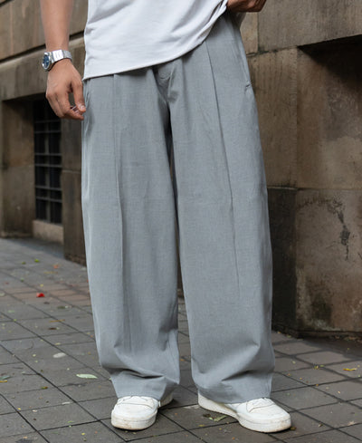 Grey Pleated Barrel Fit Trousers
