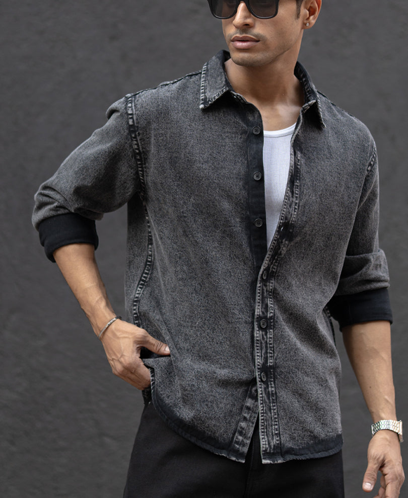 Charcoal Black Washed Denim Overshirt.