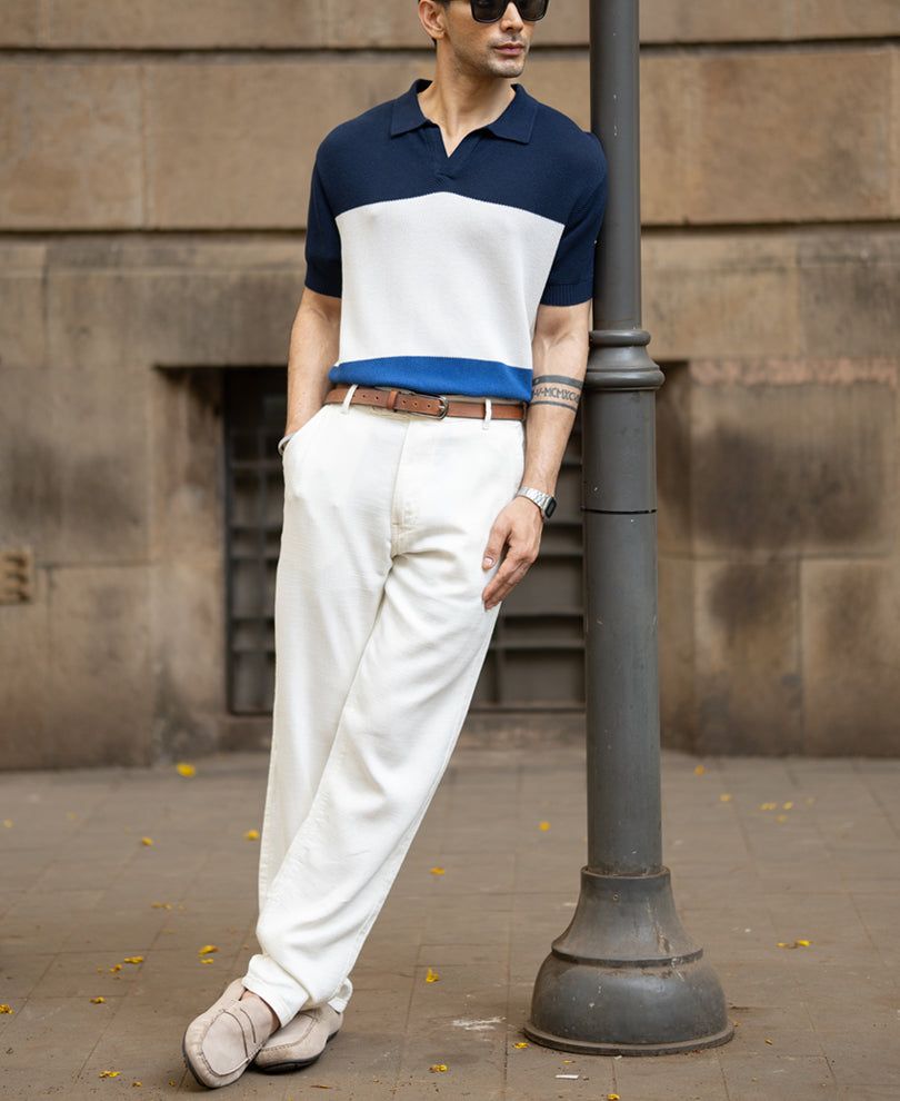Blue Stripe Knit T-Shirt.