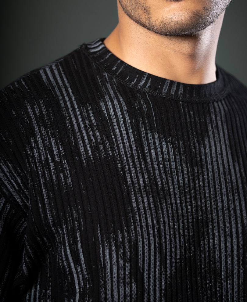 Black Printed Structure Stripe T-Shirt.
