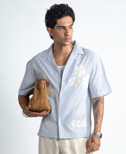 Blue Floral Embroidery Stripe Shirt 100% Cotton