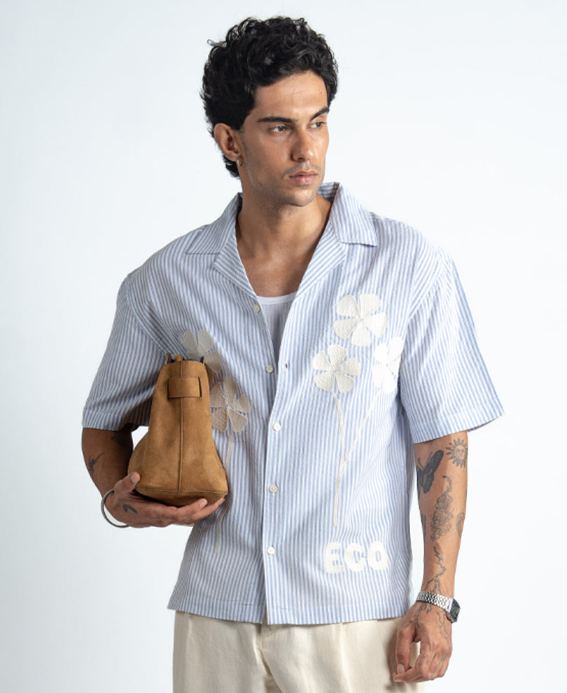 Blue Floral Embroidery Stripe Shirt 100% Cotton