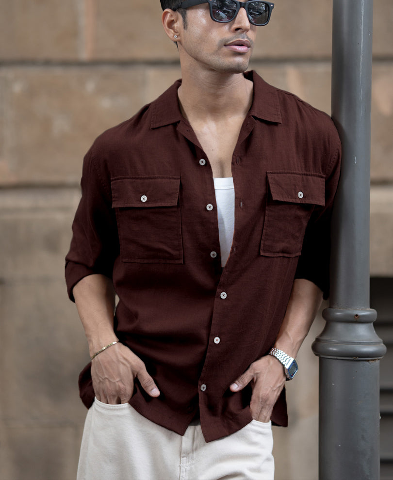 Wine Linen Double Pocket Shirt.