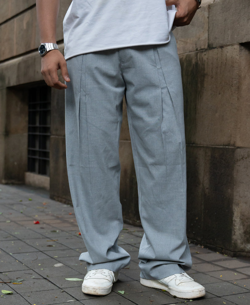 Grey Melange Pleated Trousers