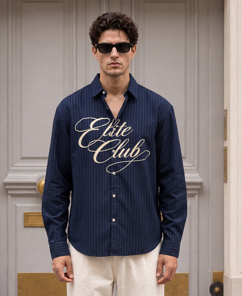Navy Calligraphy Print Stripe Shirt