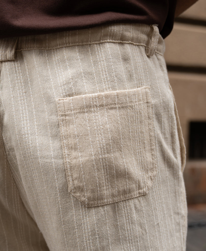 Cream Self Stripe Linen Trouser.