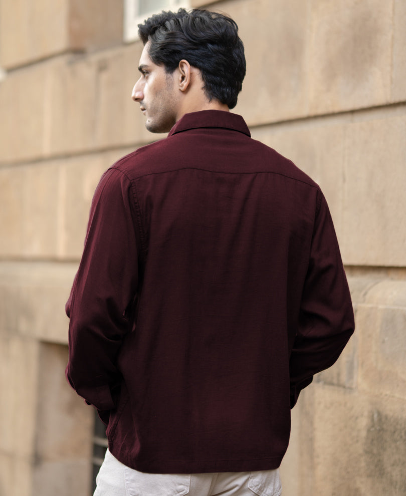 Wine Linen Blend Zipper Shirt.