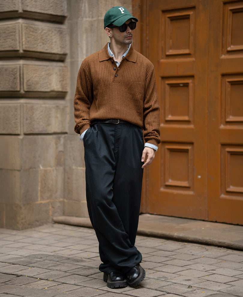 Tan Brown Structured Polo Sweater