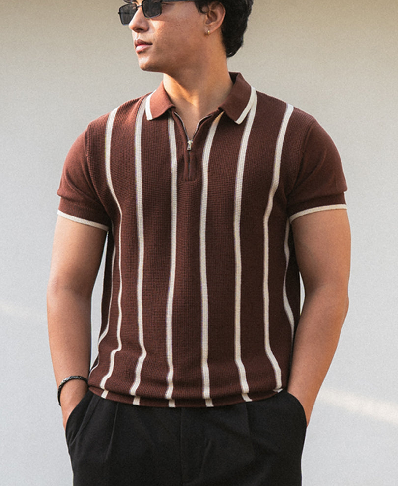 Brown Striped Knit T-Shirt