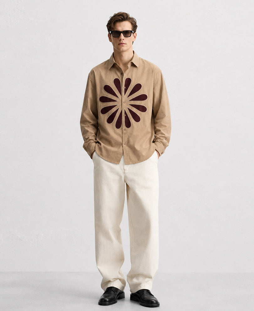 Beige Floral Embroidery Shirt