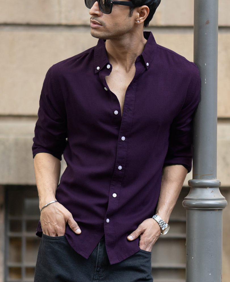 Dark Purple Linen Blend Shirt.