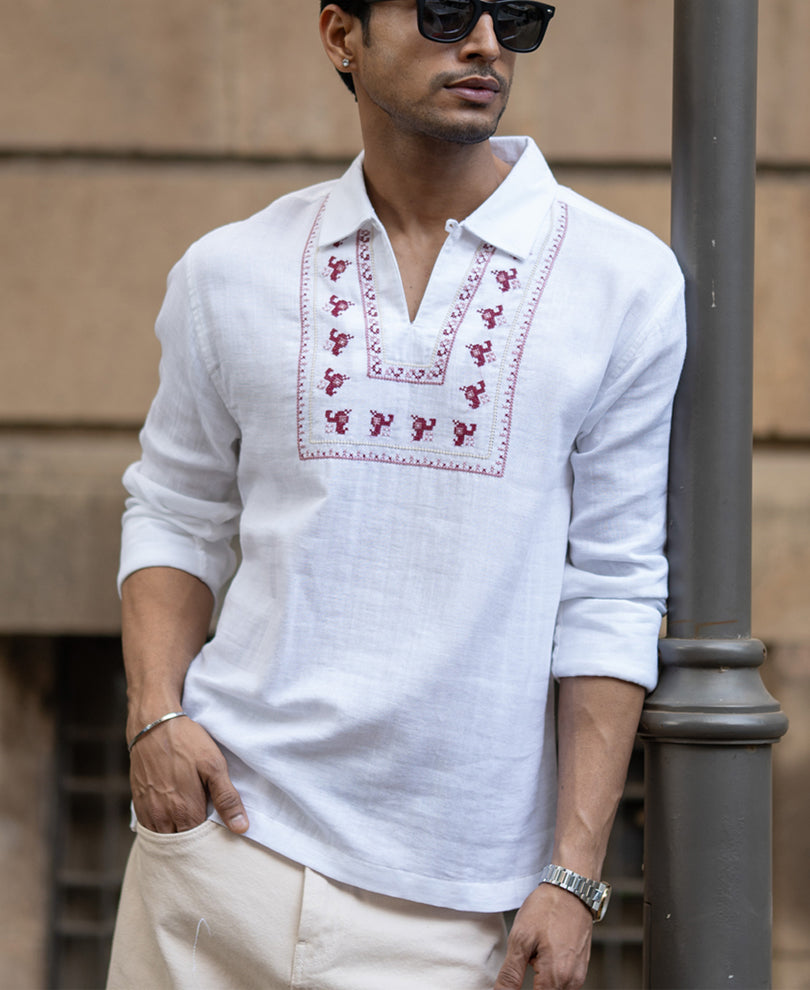 White Embroidered Kurta Shirt.