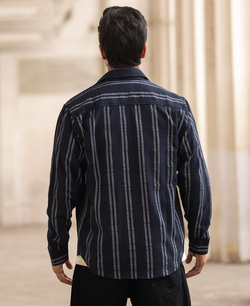 Navy Blue Striped Regular Fit Full Sleeves Shirt