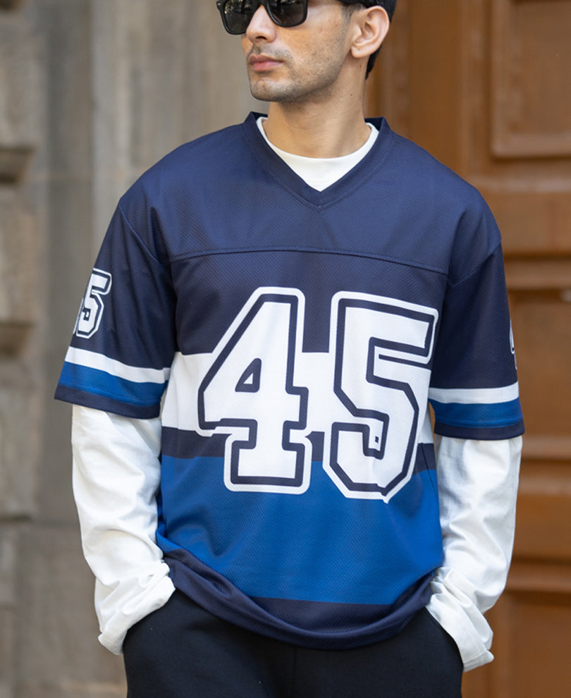Navy Printed Oversized Jersey T-Shirt.