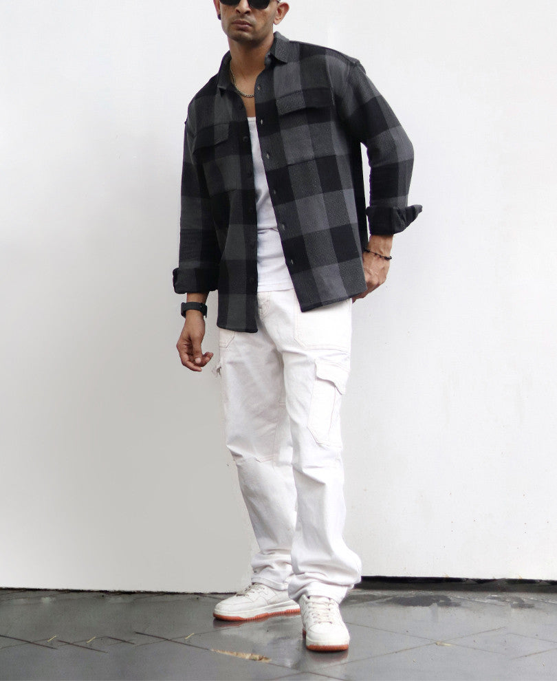 Charcoal Black Checks Structured Oversize Drop Shoulder Shirt.