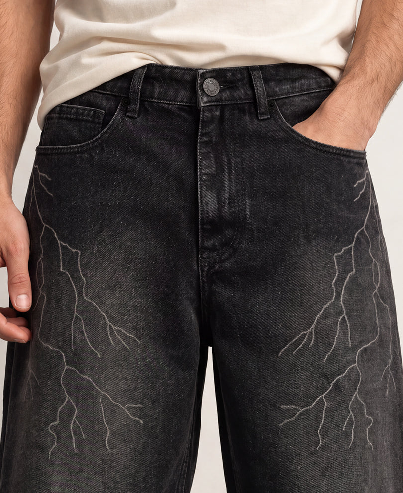 Black Thunder Print Baggy Jeans