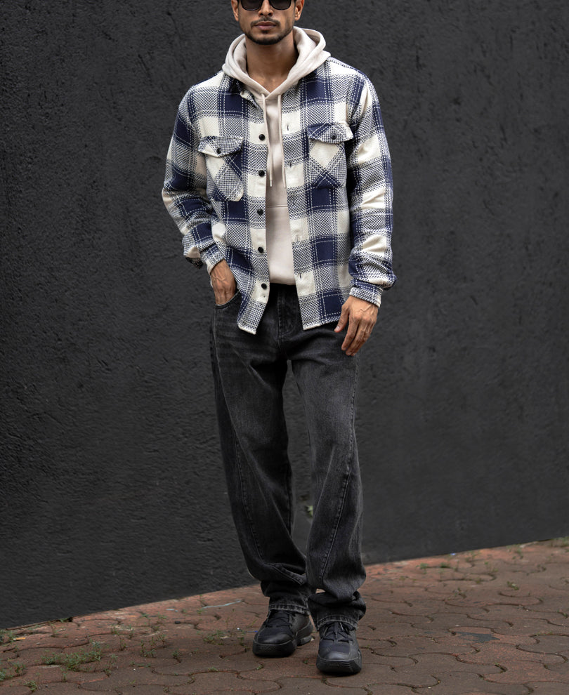 Navy Blue Regular Fit Checked Full Sleeves Shirt.