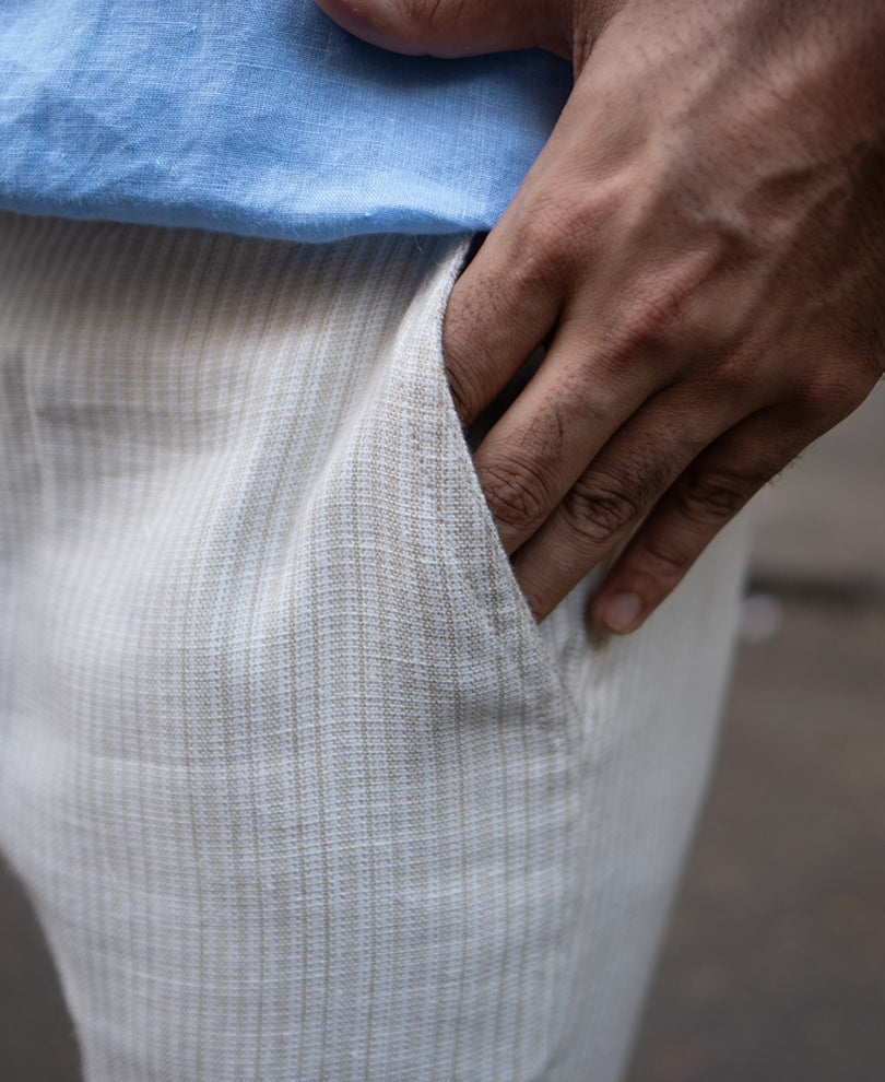 Beige Self Stripe Linen Pant.