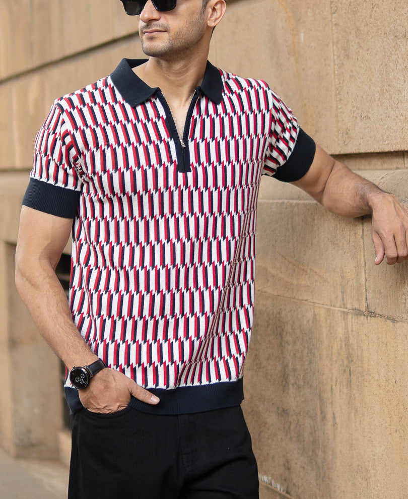Multicolour Jacquard Knit Polo T-Shirt.