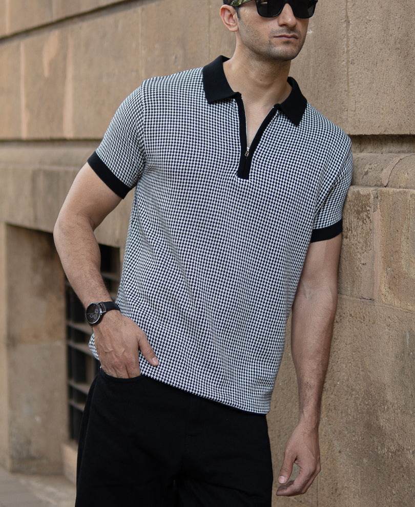 Black And White Knit Polo T-Shirt.