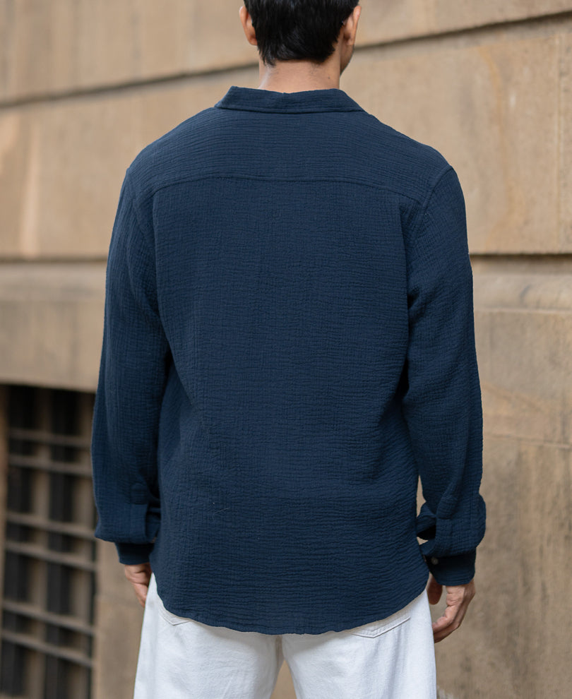 Navy Crinkled Shirt With Pockets.