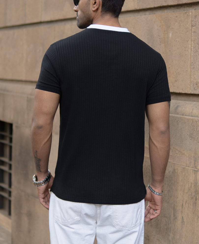 Black Contrast Collar Henley T-Shirt.