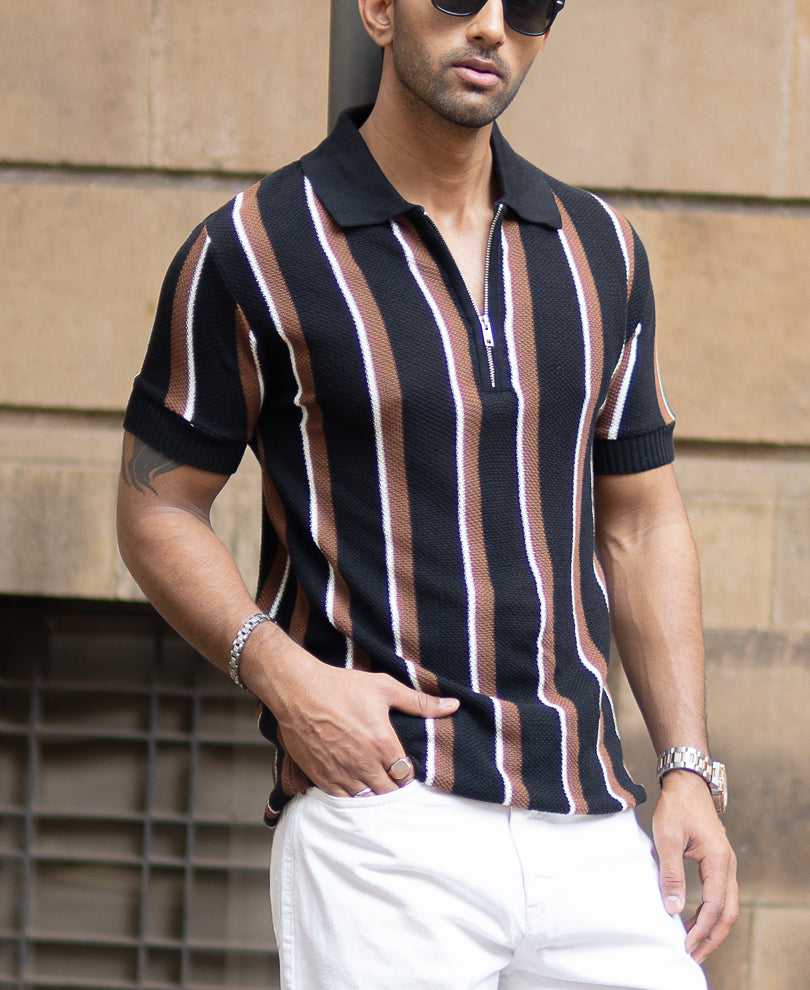 Multicolour Knitted Stripe Zipper T-Shirt.