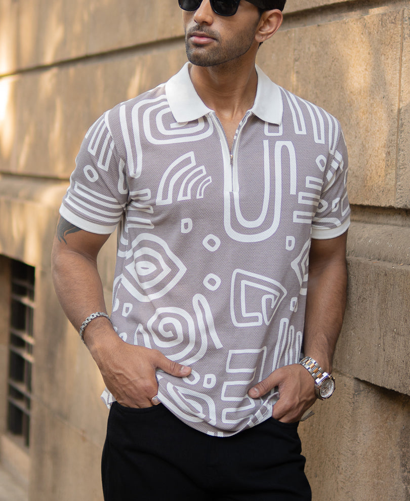 Grey Contrast Printed Polo T-Shirt.