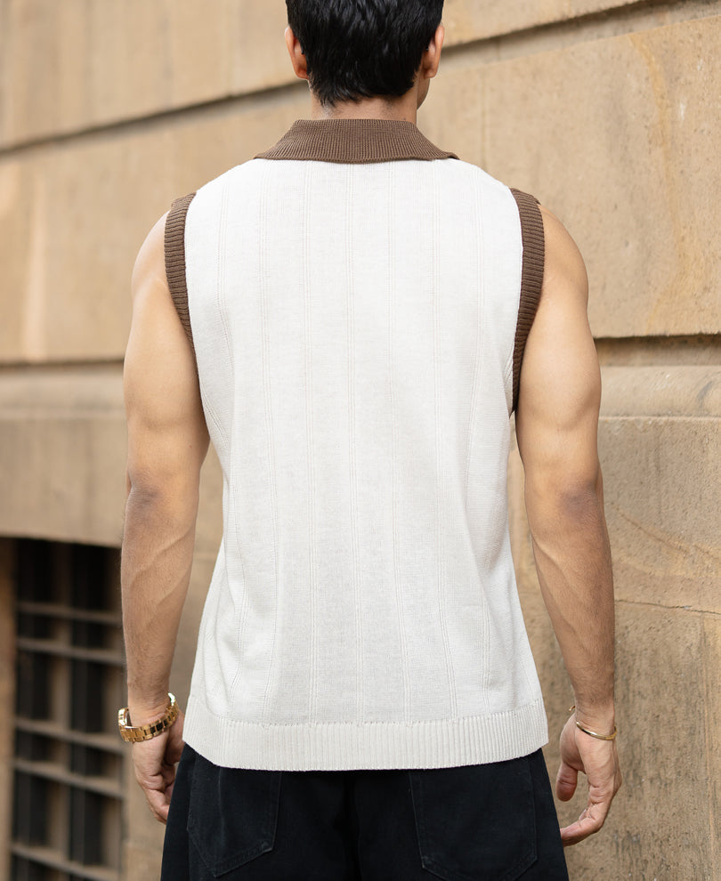 Cream Contrast Collar Knit Sando.