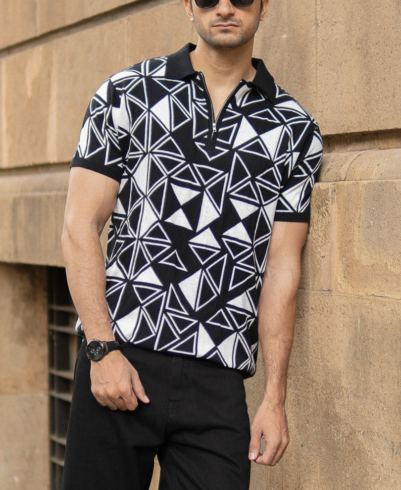 Black Geometric Knit Polo T-Shirt.