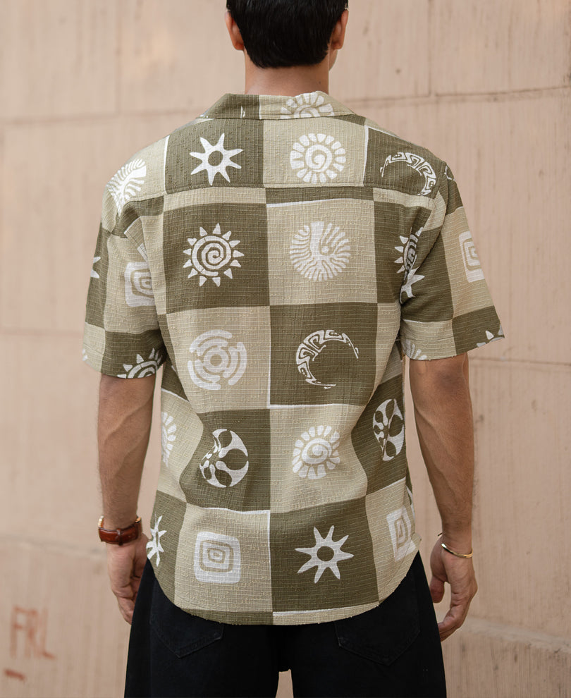 Green Structured Cuban Printed Shirt.