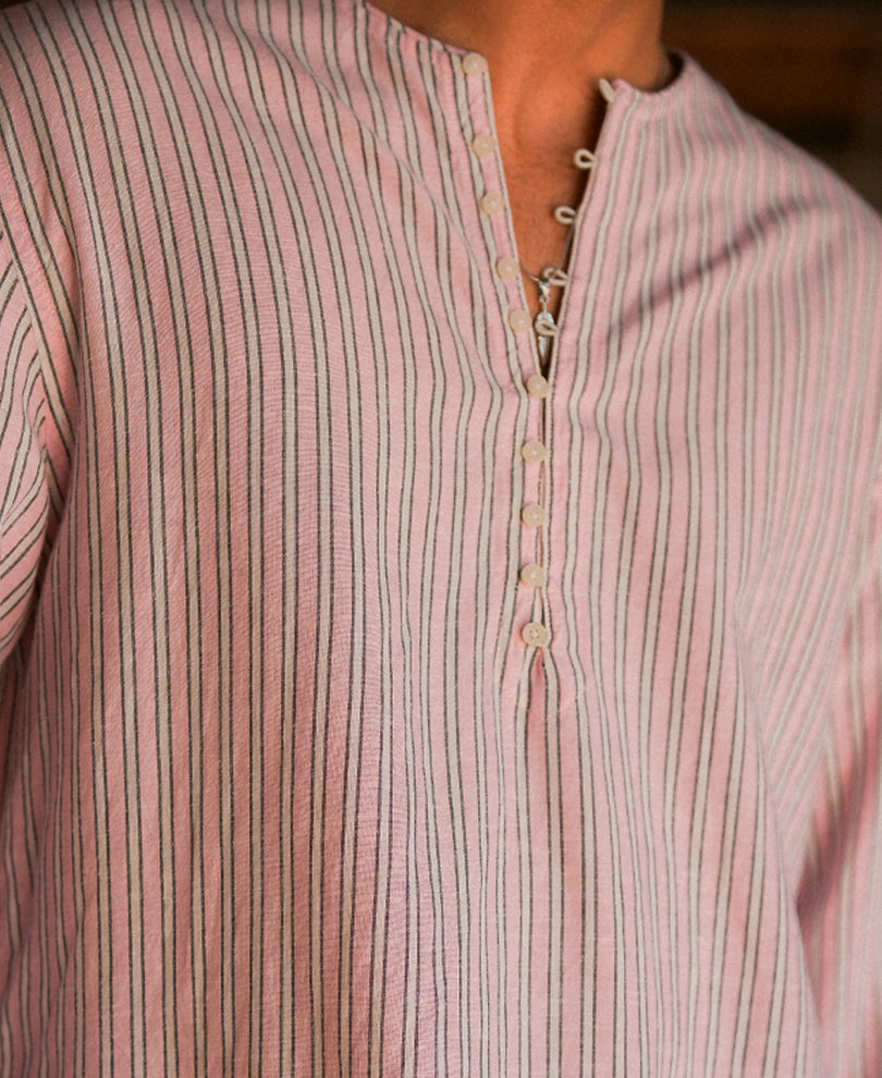Pastel Pink Linen Blend Stripe Kurta Shirt