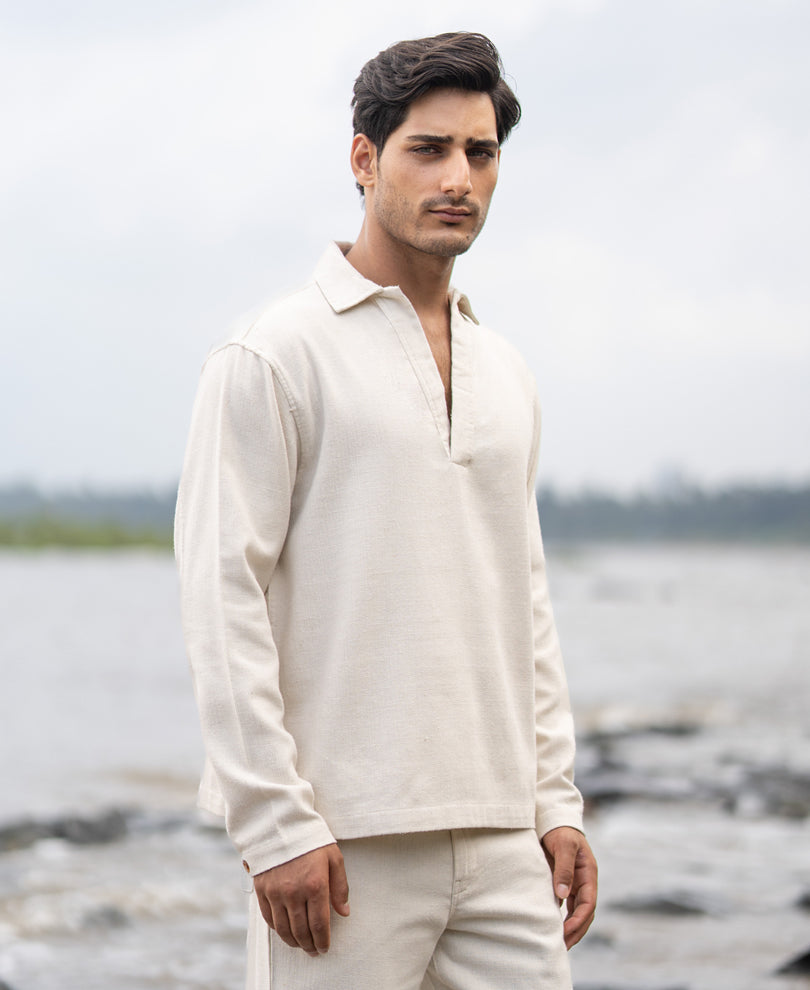 Cream Structured Cotton Kurta Shirt.