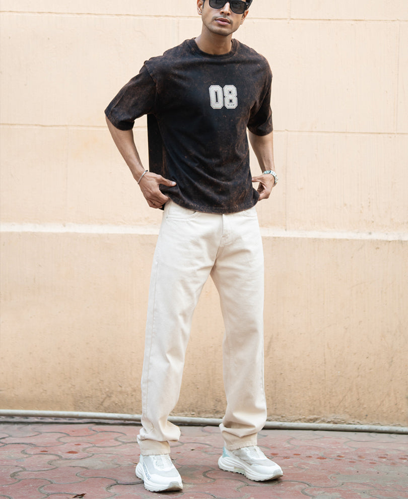 Dark Brown Washed Printed T-Shirt.