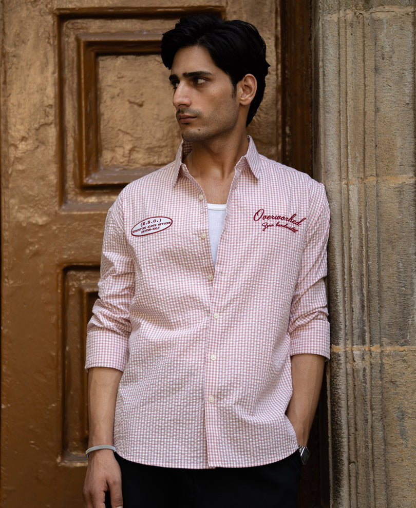 Peach Embroidered Seersucker Check Shirt 100% Cotton