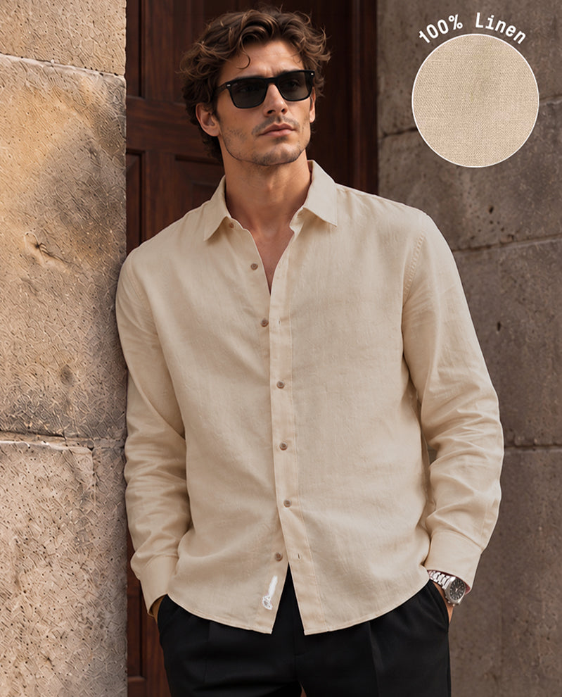 Beige 100% Linen Premium Regular Fit Shirt